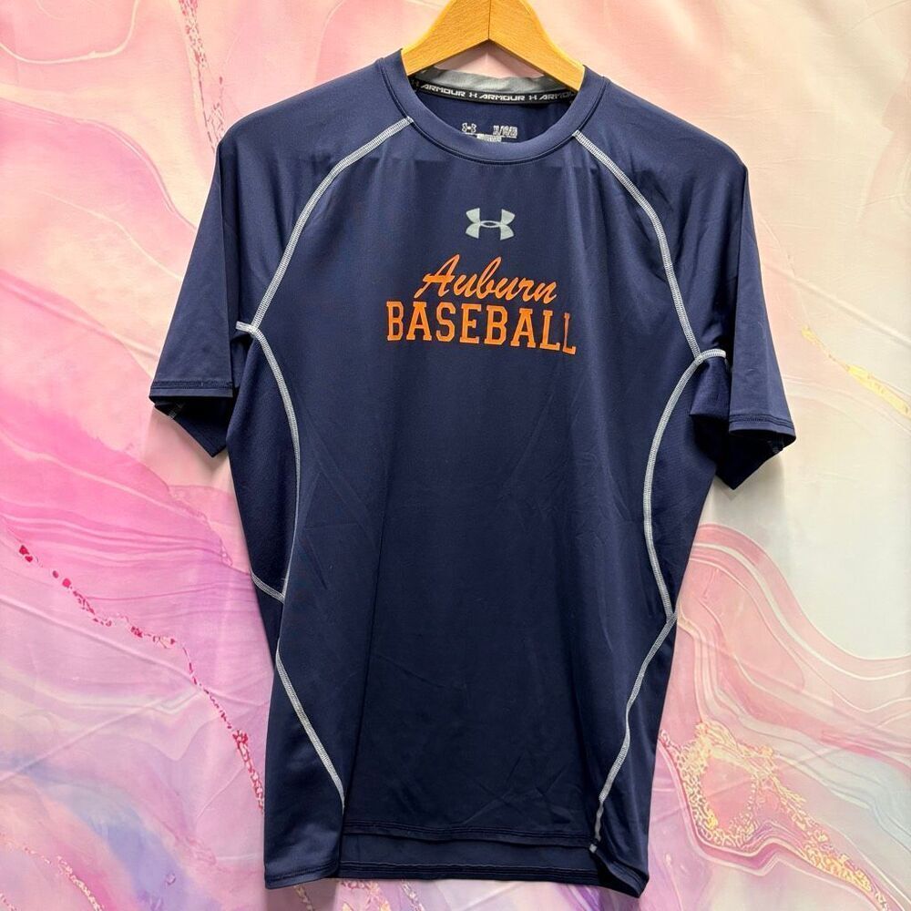 Under Armour XL Navy Blue Auburn Baseball Short Sleeve Compression Shirt Sporty